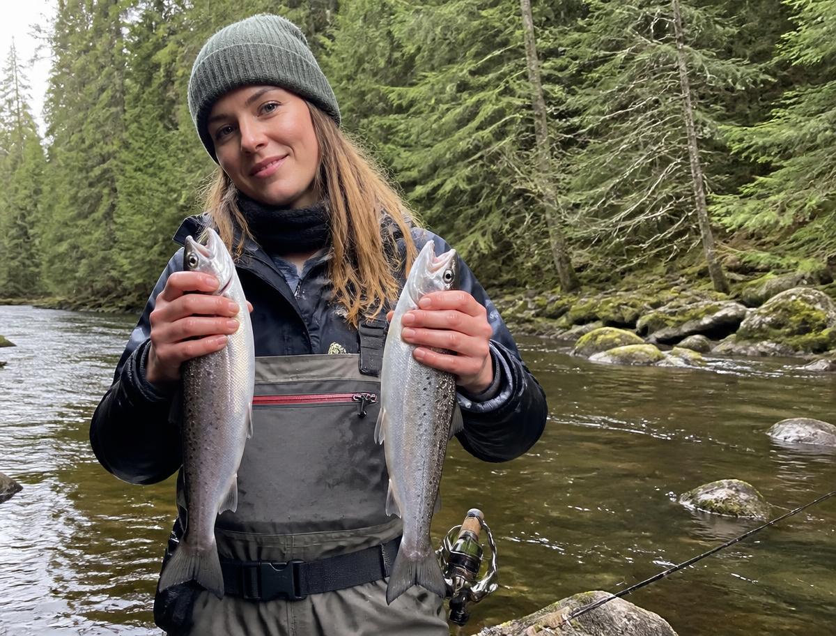 Pêcheuse en waders dans une petite rivière tenant deux ouananiches de 17 pouces