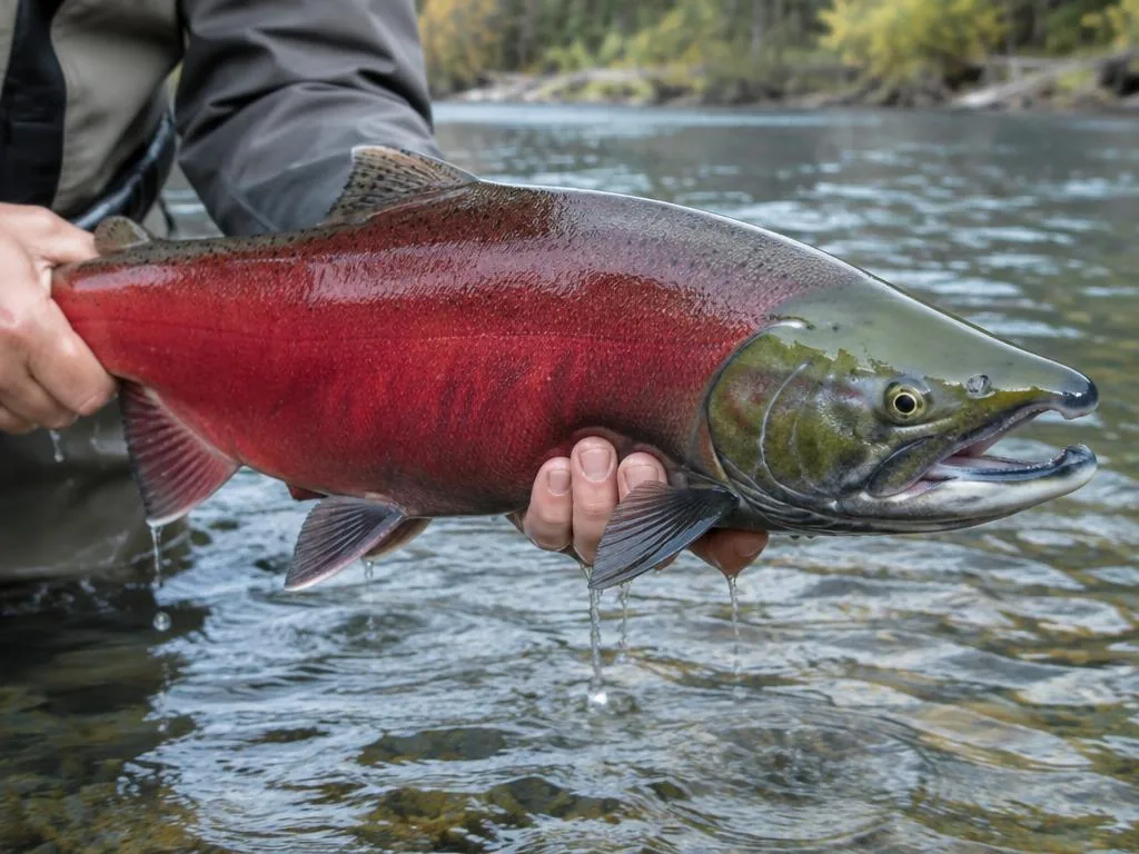 Saumon coho en livrée de reproduction, flancs rouge vif et tête verte, tenu au-dessus d'une rivière