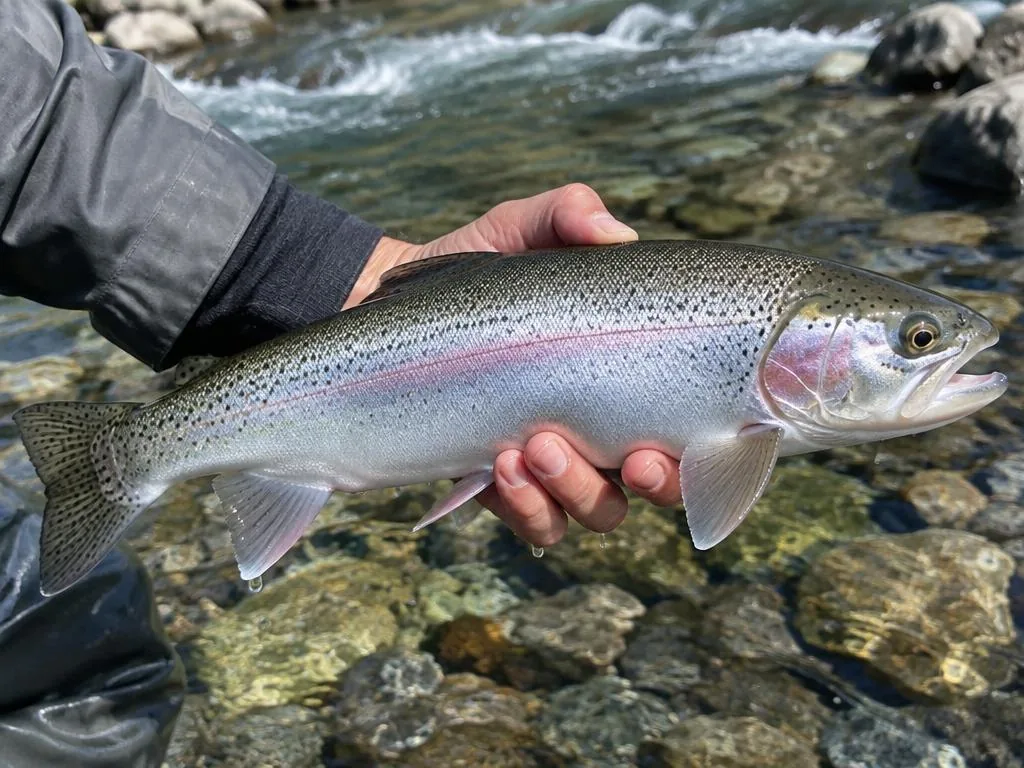 Steelhead chromé, truite arc-en-ciel migratrice, tenu au-dessus d'une rivière rocheuse