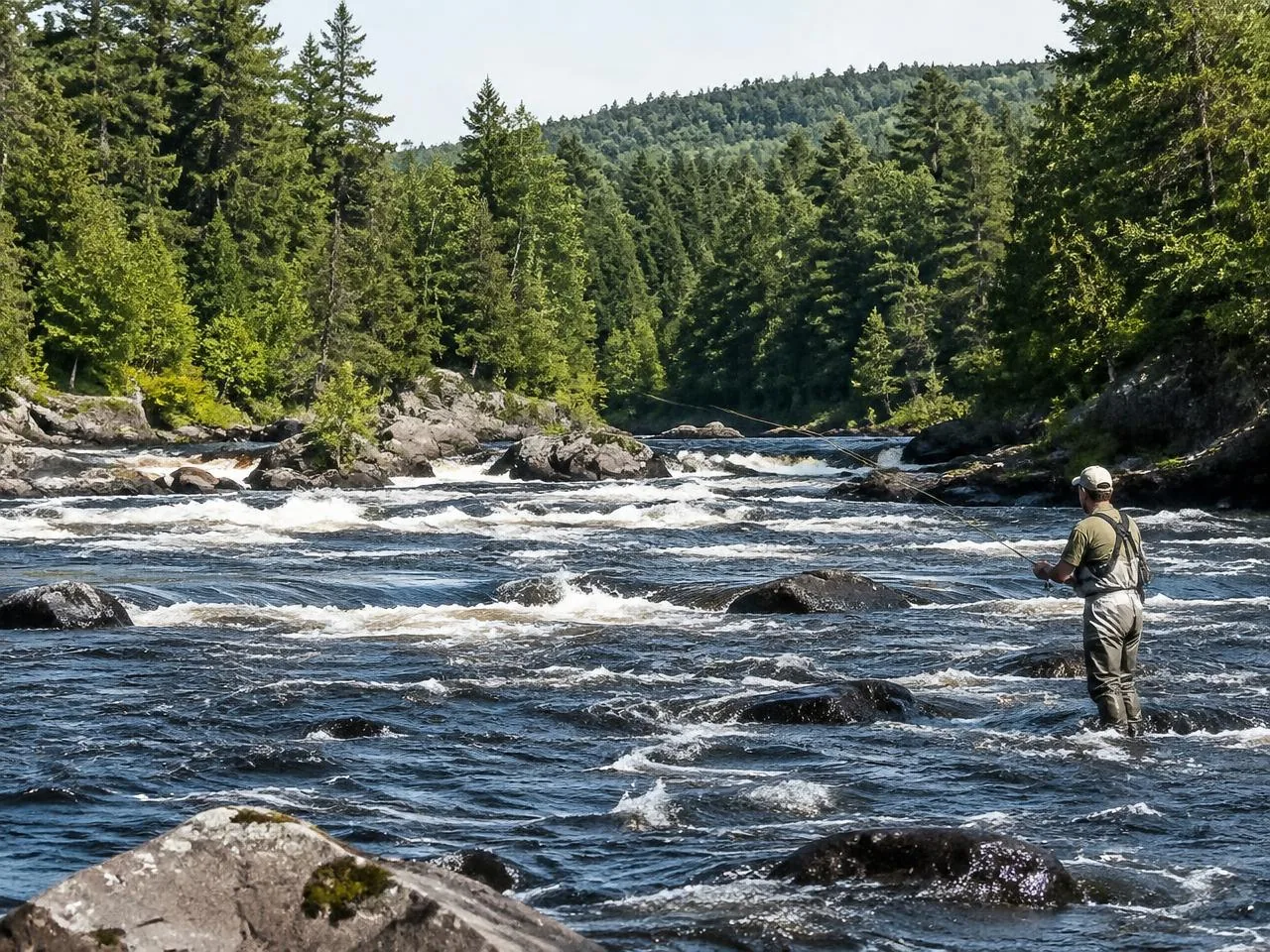 Pêcheur en waders lançant sa ligne dans une grande rivière à saumon de l'Ontario