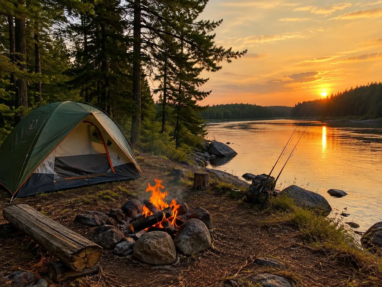 Tente et feu de camp au bord d'une rivière à saumon de l'Ontario au coucher du soleil