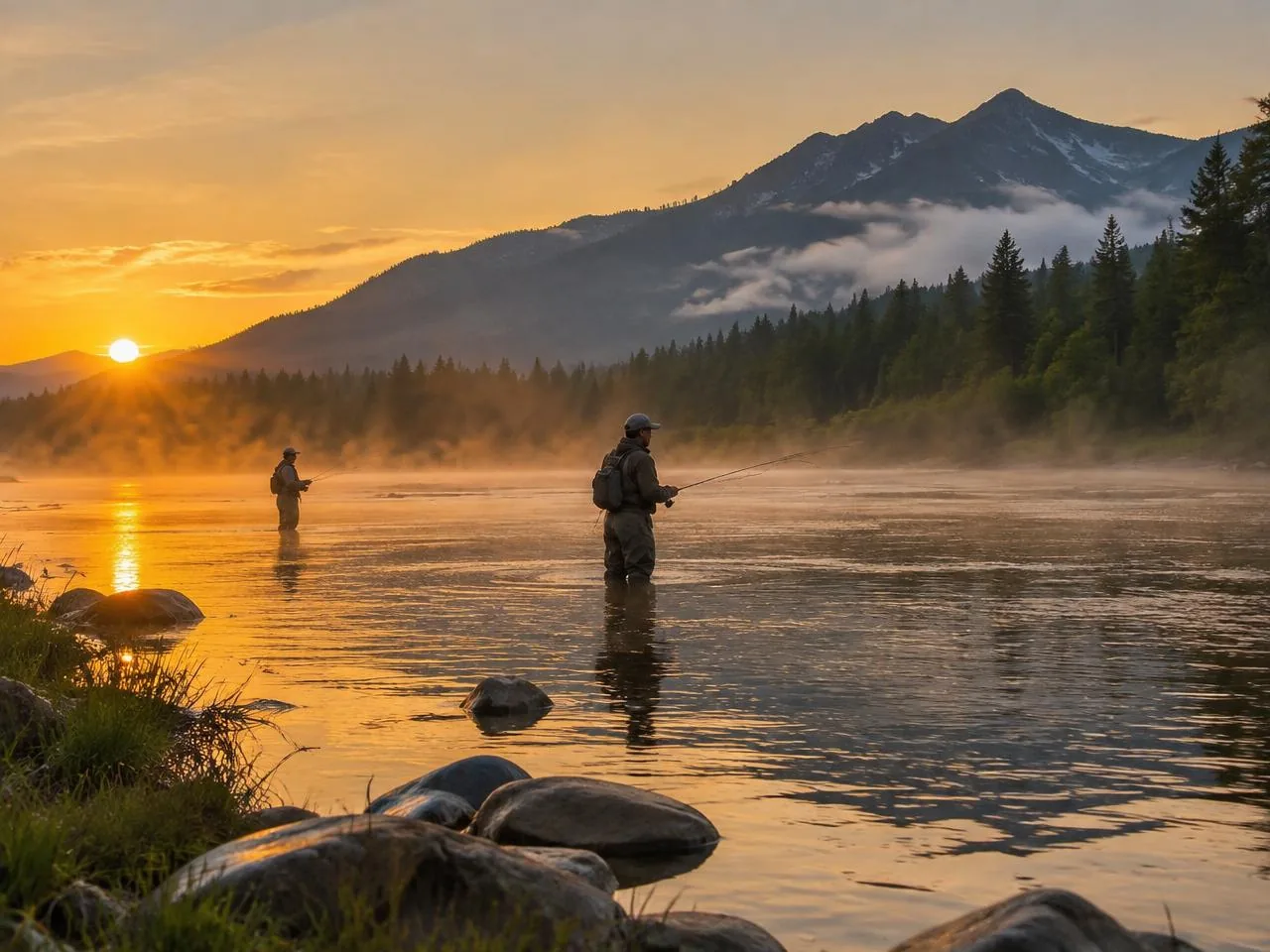 Deux pêcheurs en waders dans une rivière de l'Ontario dans la brume au lever du soleil