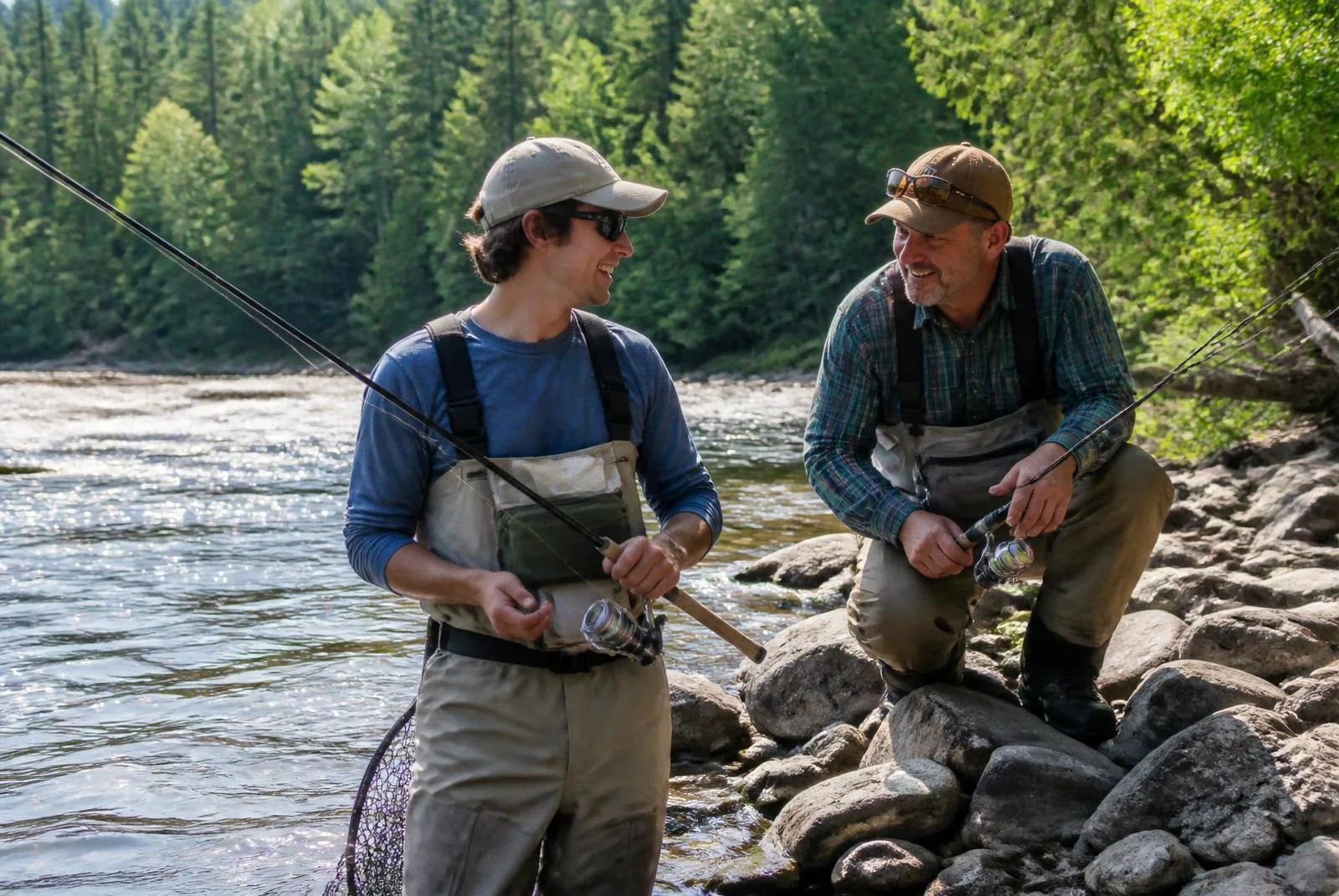 Guide de pêche expliquant une technique de lancer léger à un pêcheur débutant au bord d'une rivière