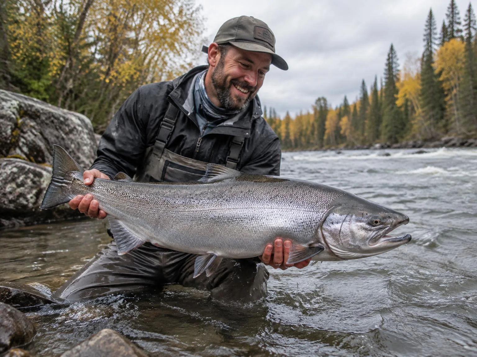 Pêcheur tenant un grand saumon argenté dans une rivière de l’Ontario