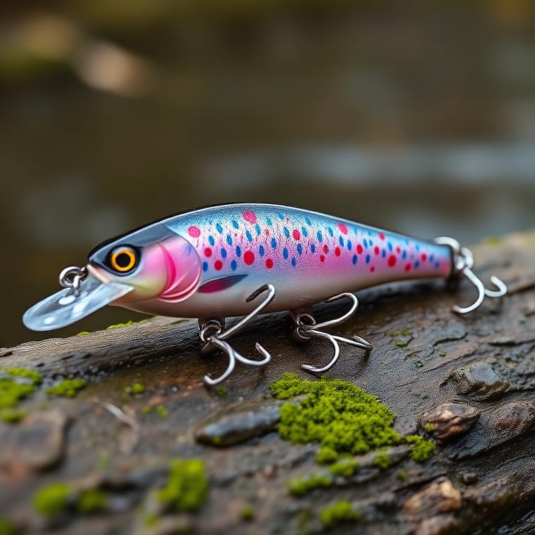 Petit crankbait couleur truite rose et bleu avec points rouges, bleus et jaunes