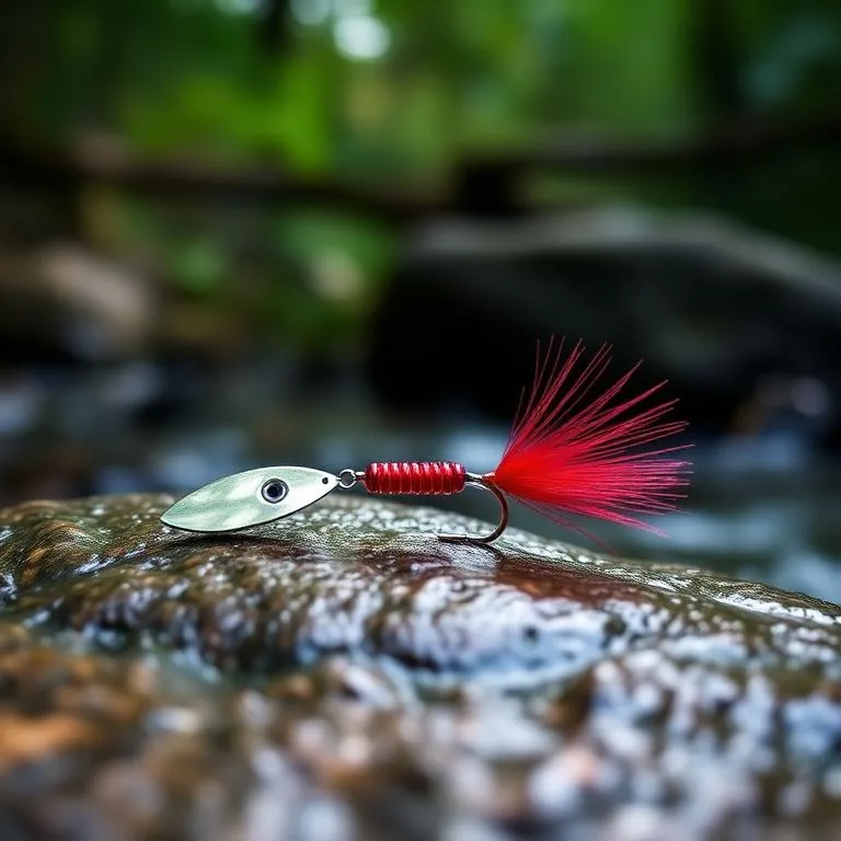 Petite cuillère tournante rouge pour la truite sur une roche de rivière
