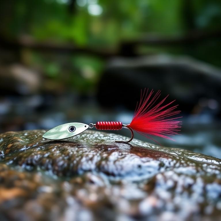Petite cuillère tournante rouge pour la truite sur une roche de rivière
