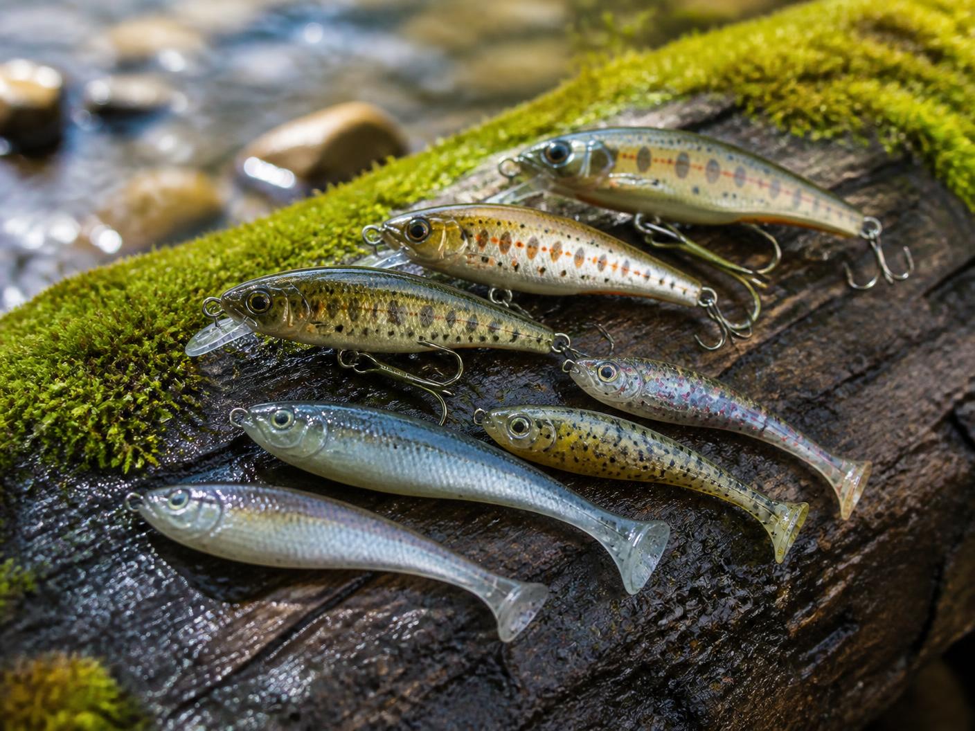 Petits crankbaits et swimbaits imitant de petites truites et poissons-fourrage