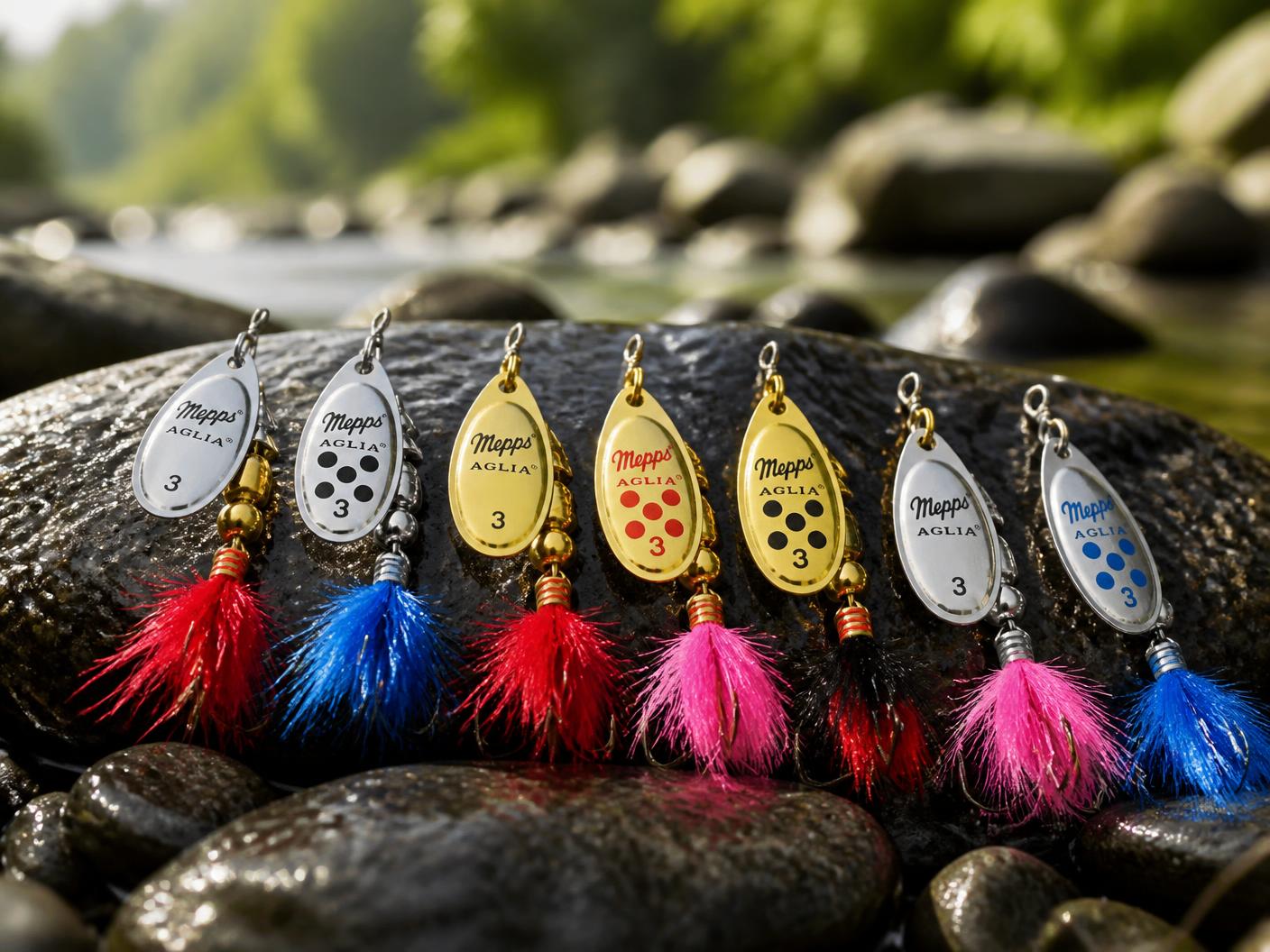 Petites cuillères tournantes pour la truite (Mepps rouge, bleu, rose) sur des roches de rivière