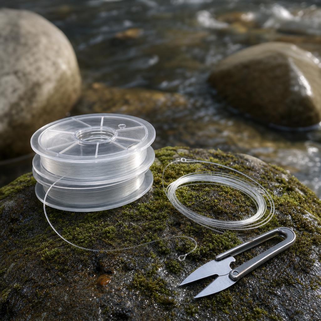 Deux bobines de tippet transparent, un bas de ligne enroulé et une pince coupe-fil sur une roche de rivière