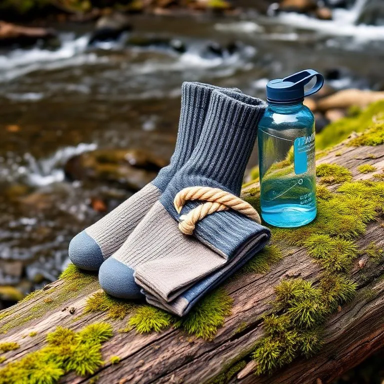 Bas de laine, serviette et bouteille d'eau sur un tronc près d'une rivière