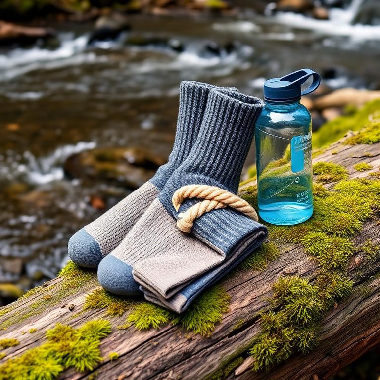 Bas de laine, serviette et bouteille d'eau sur un tronc près d'une rivière