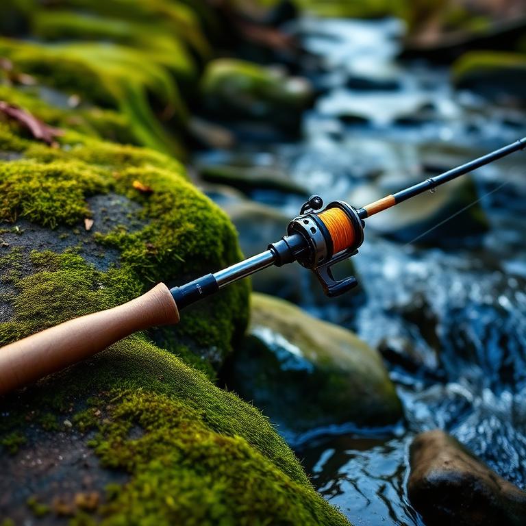 Canne à pêche ultralégère avec petit moulinet spinning au bord d'un ruisseau