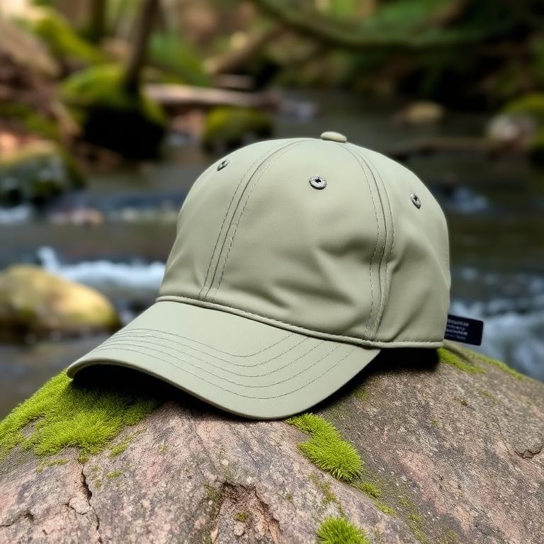 Casquette verte posée sur une roche au bord d'un ruisseau
