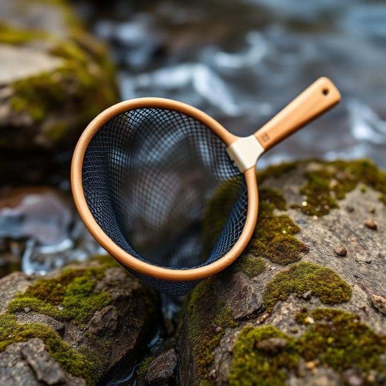 Petite épuisette à truite à manche de bois sur des roches mousseuses