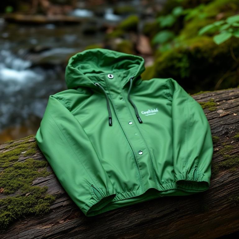 Imperméable léger plié sur un tronc au bord d'un ruisseau