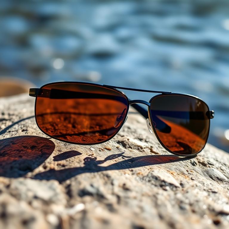 Lunettes de soleil polarisées posées sur une roche au bord de l'eau