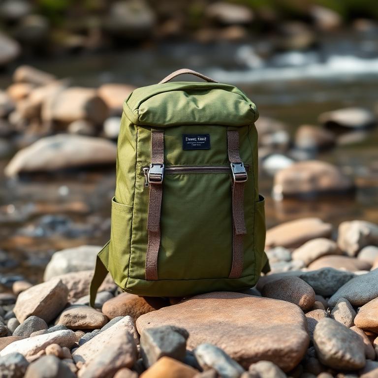 Petit sac à dos vert posé sur les galets d'une rivière
