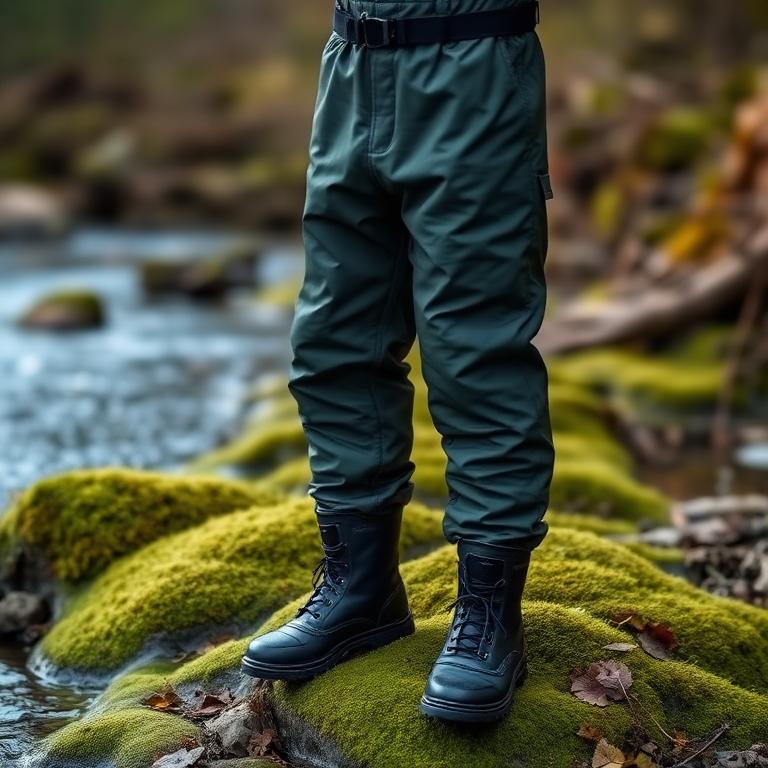 Waders de pêche avec bottes intégrées au bord d'une rivière
