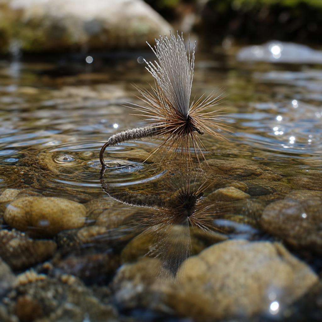 Mouche sèche à truite posée sur une roche de rivière