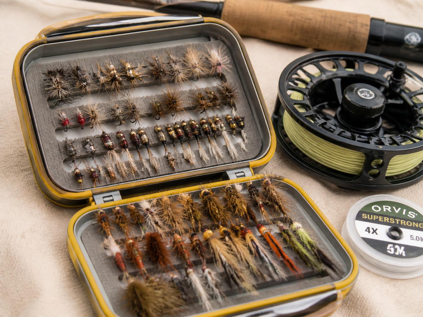 Boîte de mouches à truite : mouches sèches, nymphes et petits streamers avec moulinet à mouche et tippet