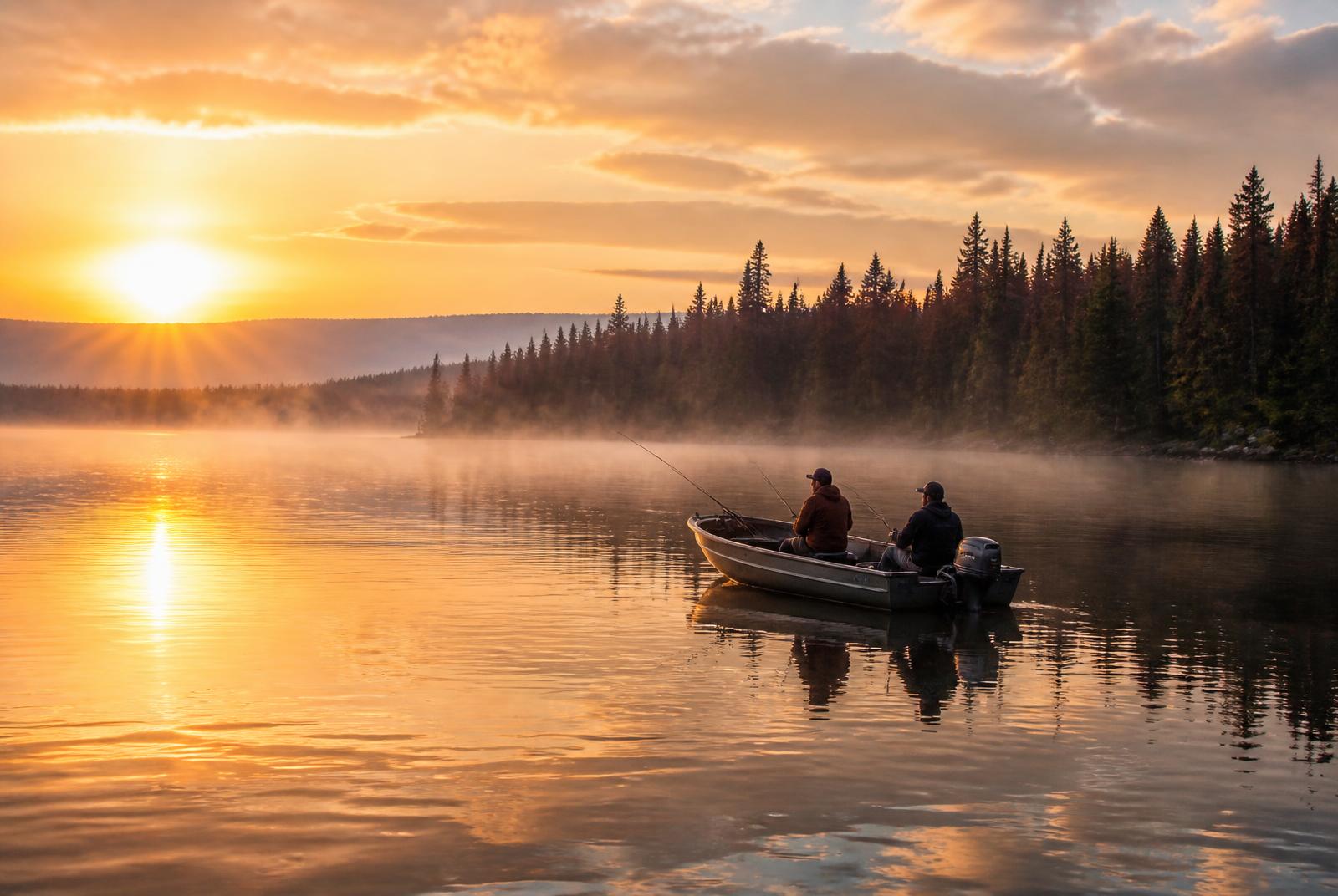 Deux pêcheurs en embarcation sur un lac de Lanaudière au lever du soleil