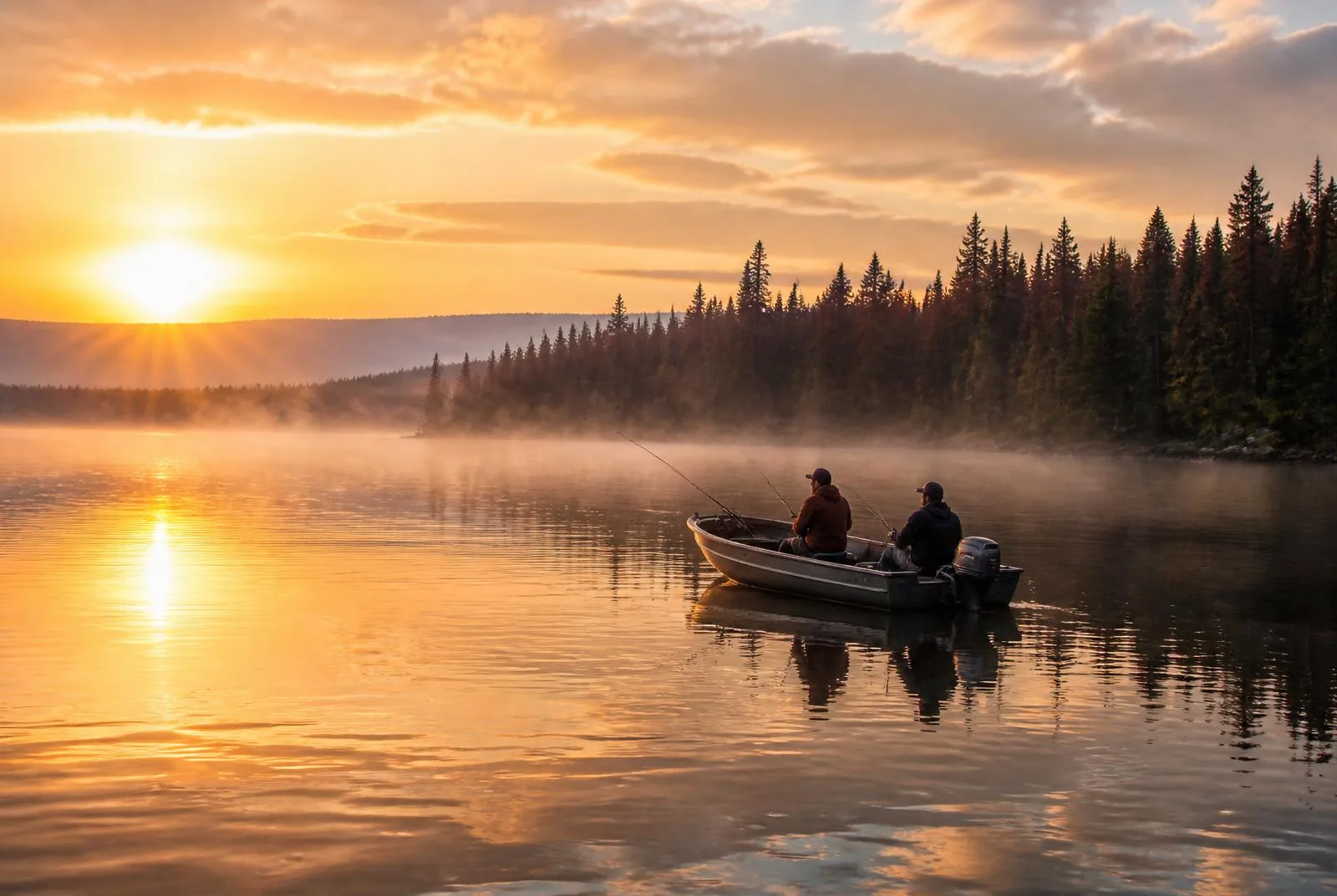 Deux pêcheurs en embarcation sur un lac de Lanaudière au lever du soleil