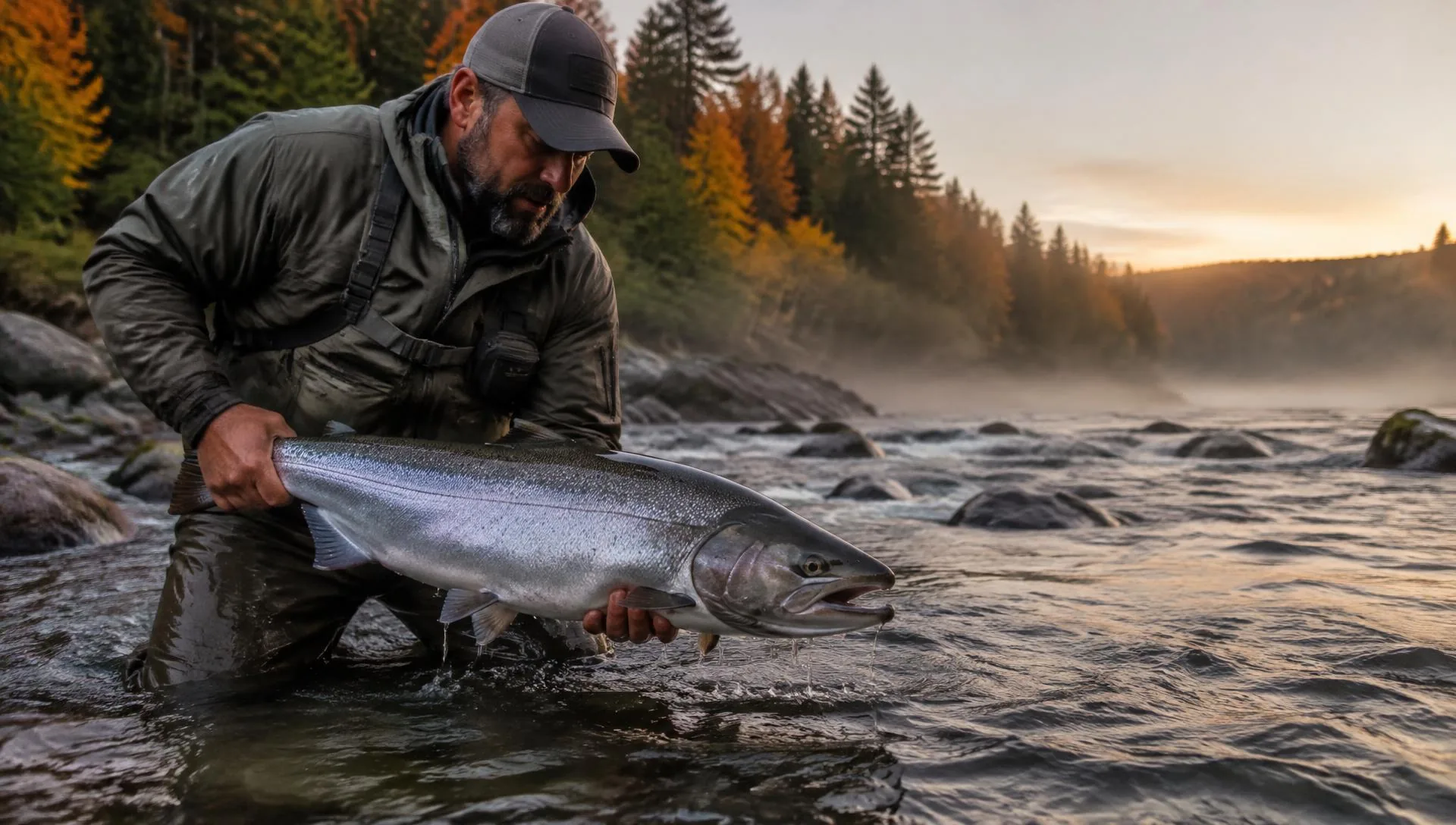 Guide de pêche en waders tenant un gros saumon chinook argenté dans une rivière de l'Ontario au lever du soleil