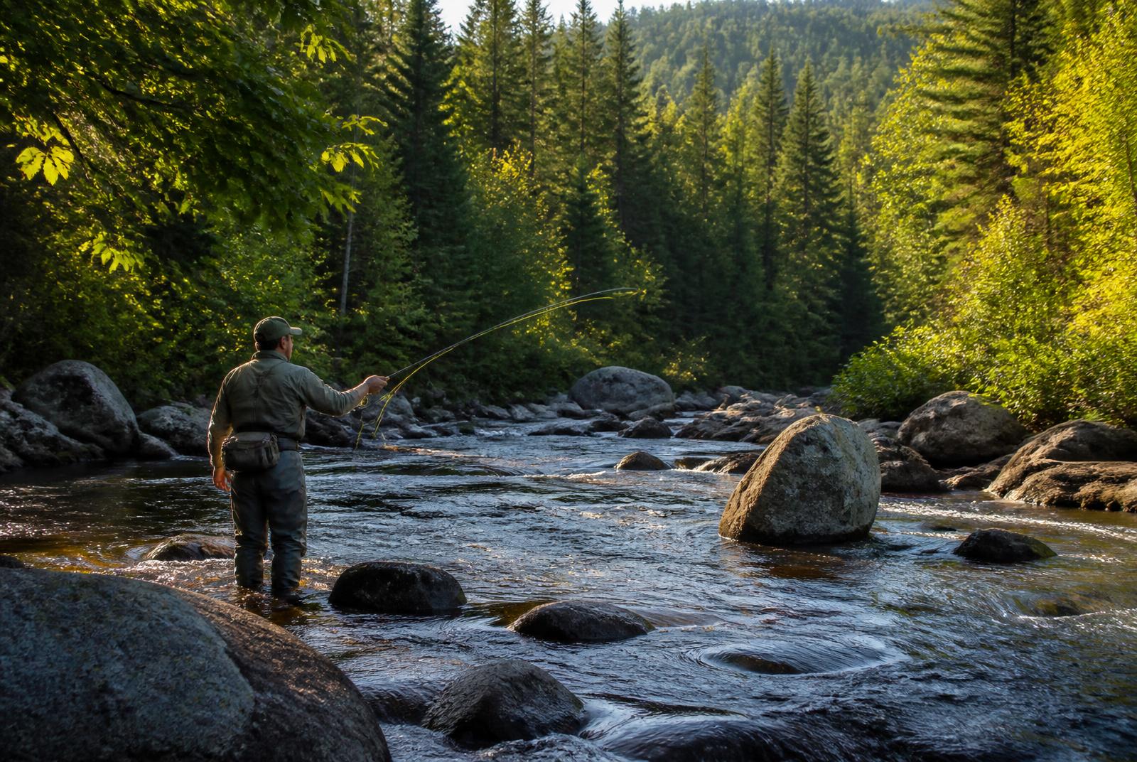 Pêcheur en waders lançant sa ligne dans un ruisseau forestier des Laurentides