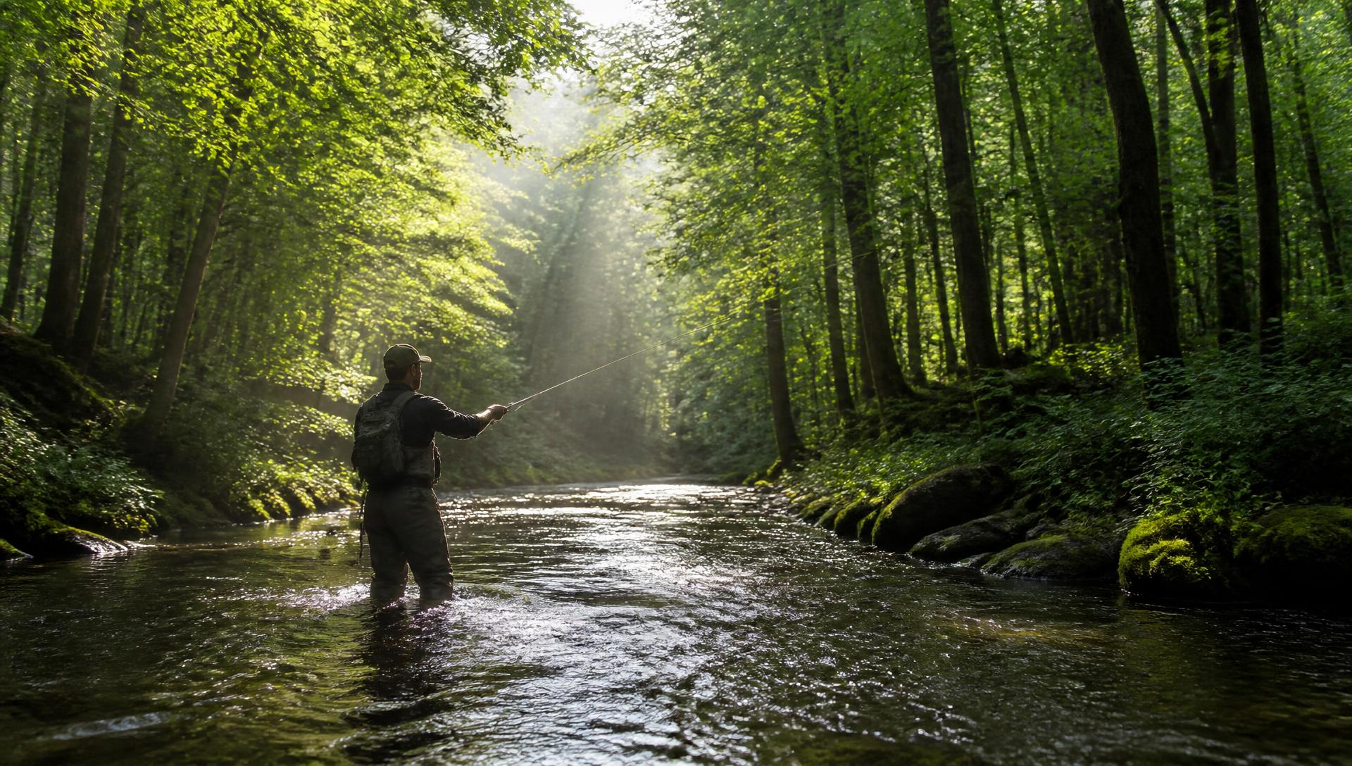 Pêcheur en waders lançant dans un ruisseau forestier baigné de lumière du matin