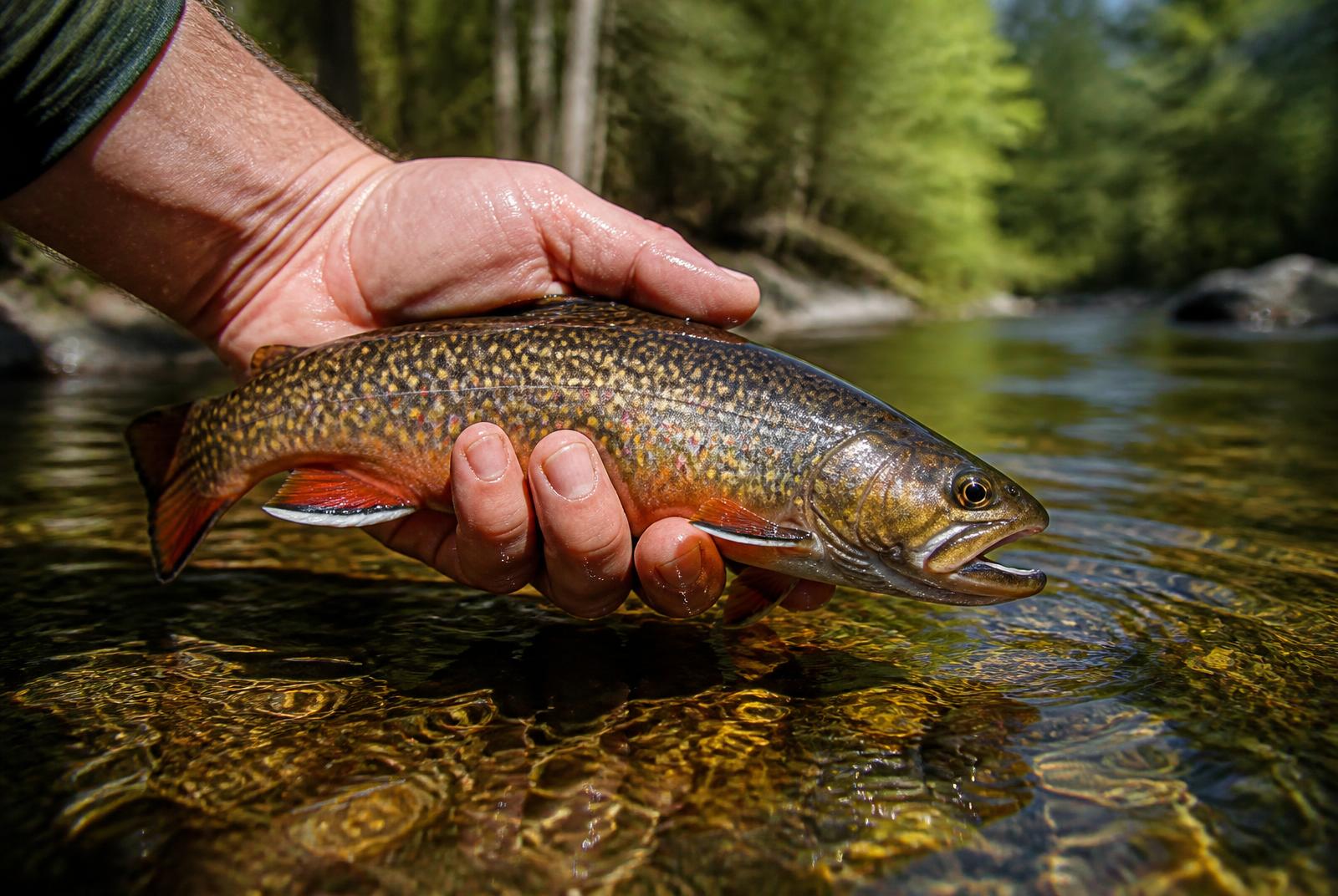 Truite mouchetée sauvage tenue au-dessus d'une rivière claire des Laurentides au soleil